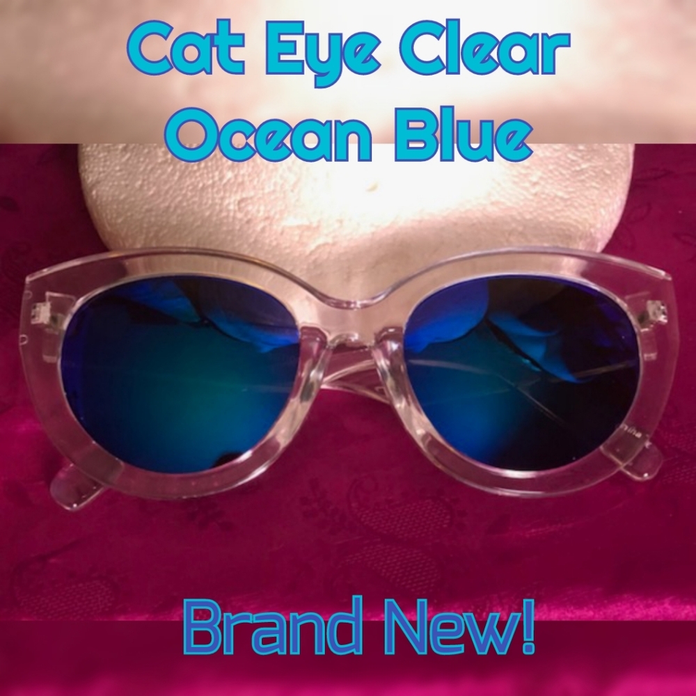 NEW CLEAR Cat Eye Frame OCEAN EYES Blue Mirrored Sunglasses by TRYBE - Picture 2 of 8
